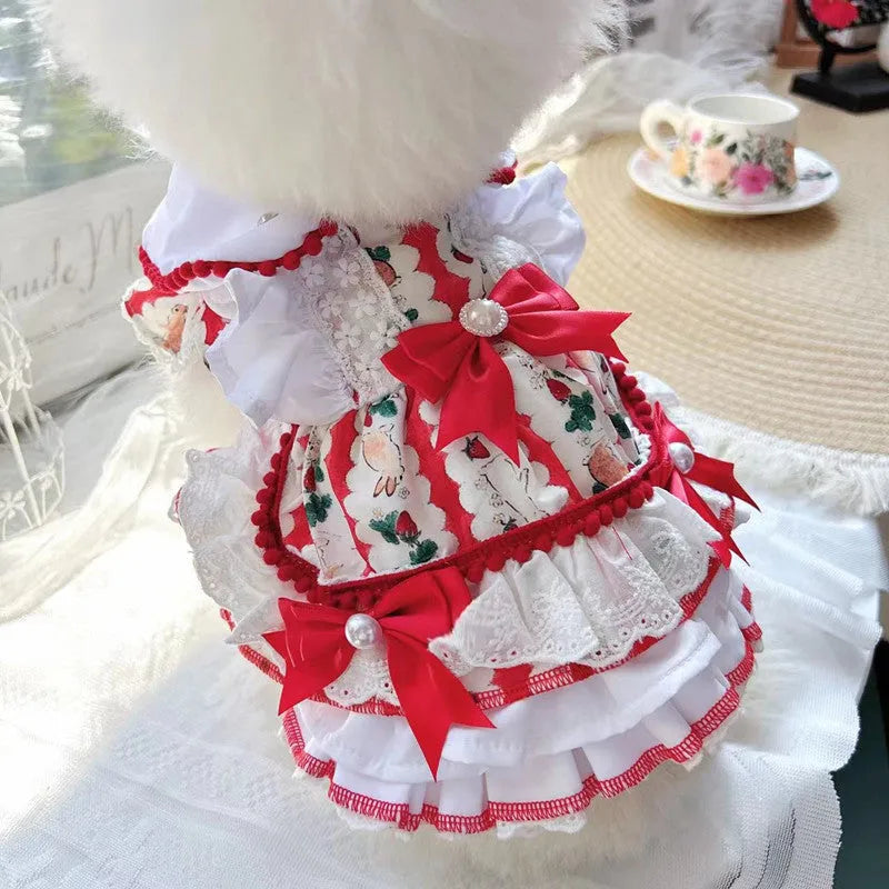 Small white dog wearing a princess-style rabbit skirt costume made of polyester fabric.
