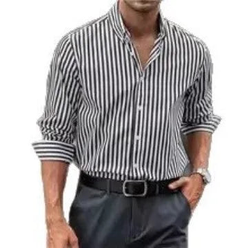 Men's loose fit striped casual button shirt in cardigan style with long sleeves