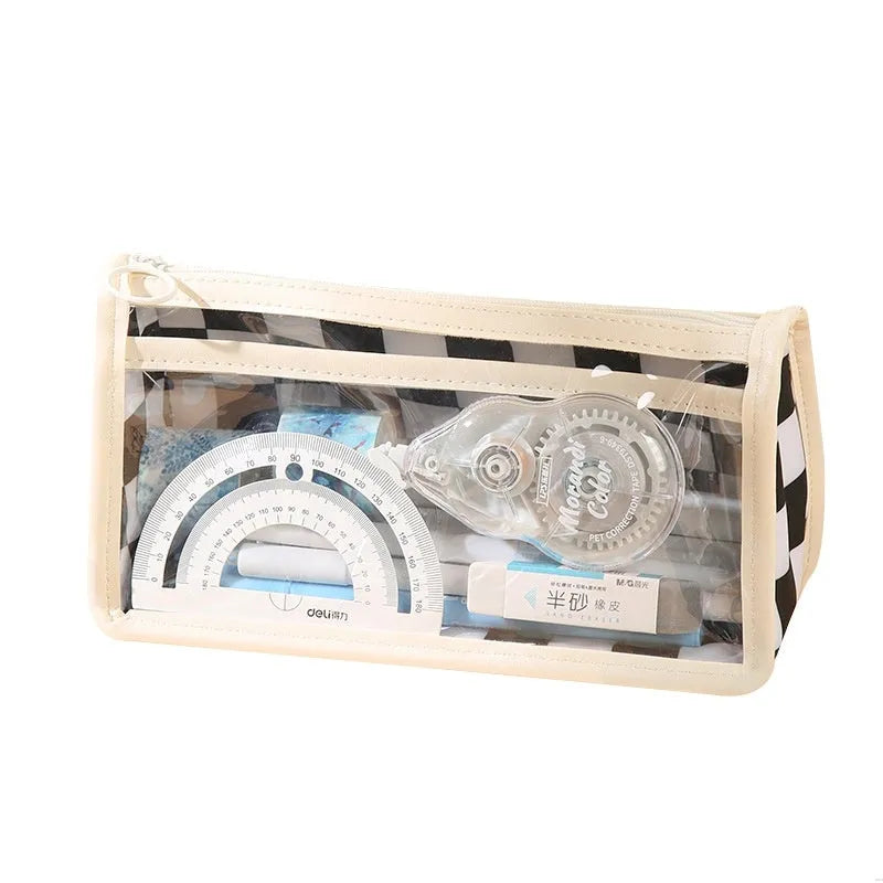 Transparent PVC pencil case with chessboard pattern, showing pens inside, dimensions 21.5cm by 8cm by 11.5cm