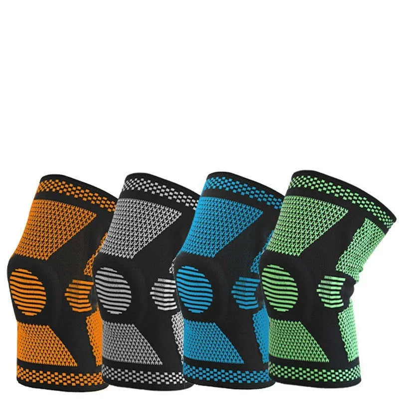Polyamide silicone spring knee pads for sports fitness in blue, green, orange, and white colour options.