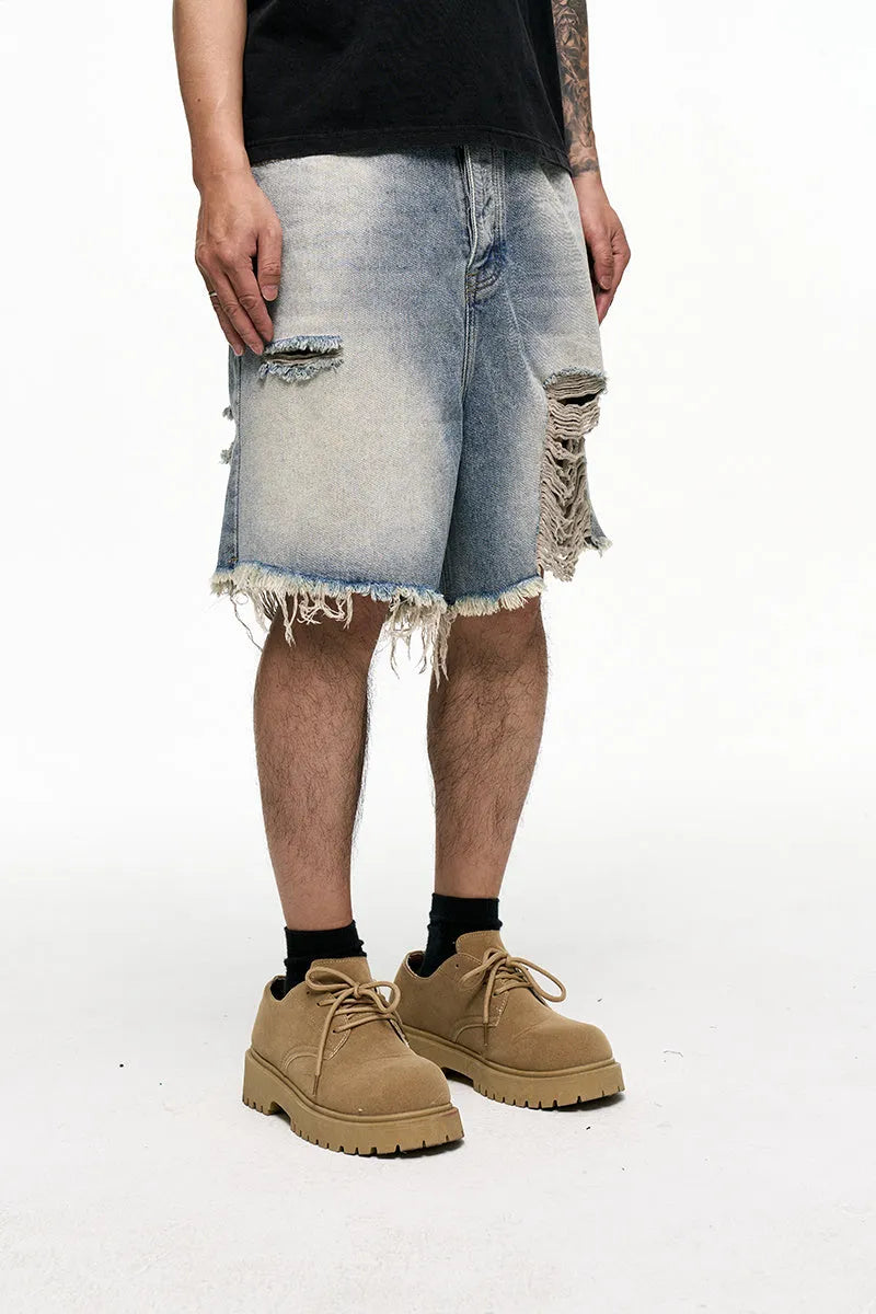 Light blue retro washed men's baggy denim shorts with wide leg cut and mid waist