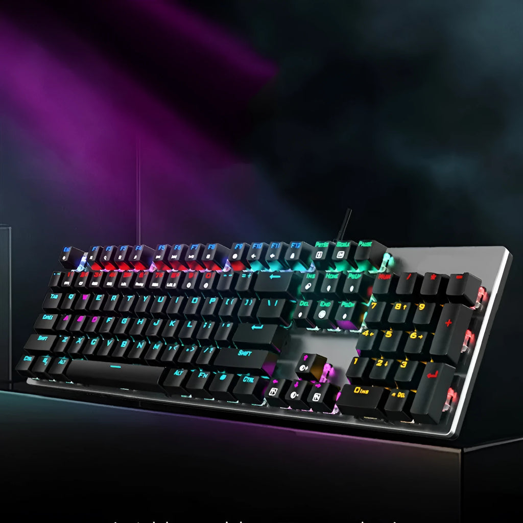 AOC GK410 mechanical keyboard with full 104-key layout, metal frame, and backlit keys on a desk.