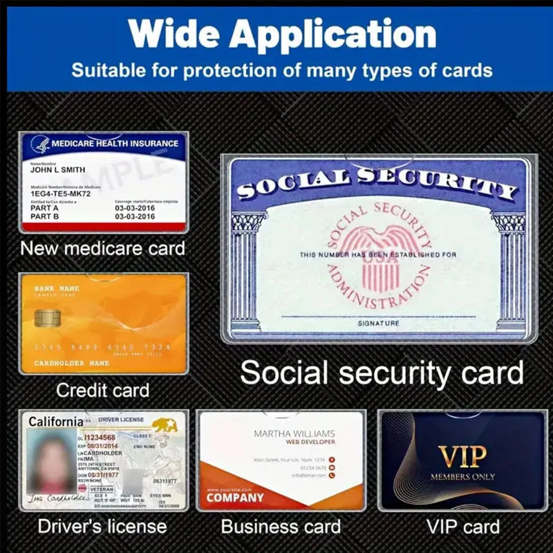 Clear PVC social security card holder with dimensions 9.7cm by 5.9cm, shown protecting a card.