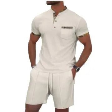 Men's grey waffle-texture zip-front polo collar top and shorts summer suit set.