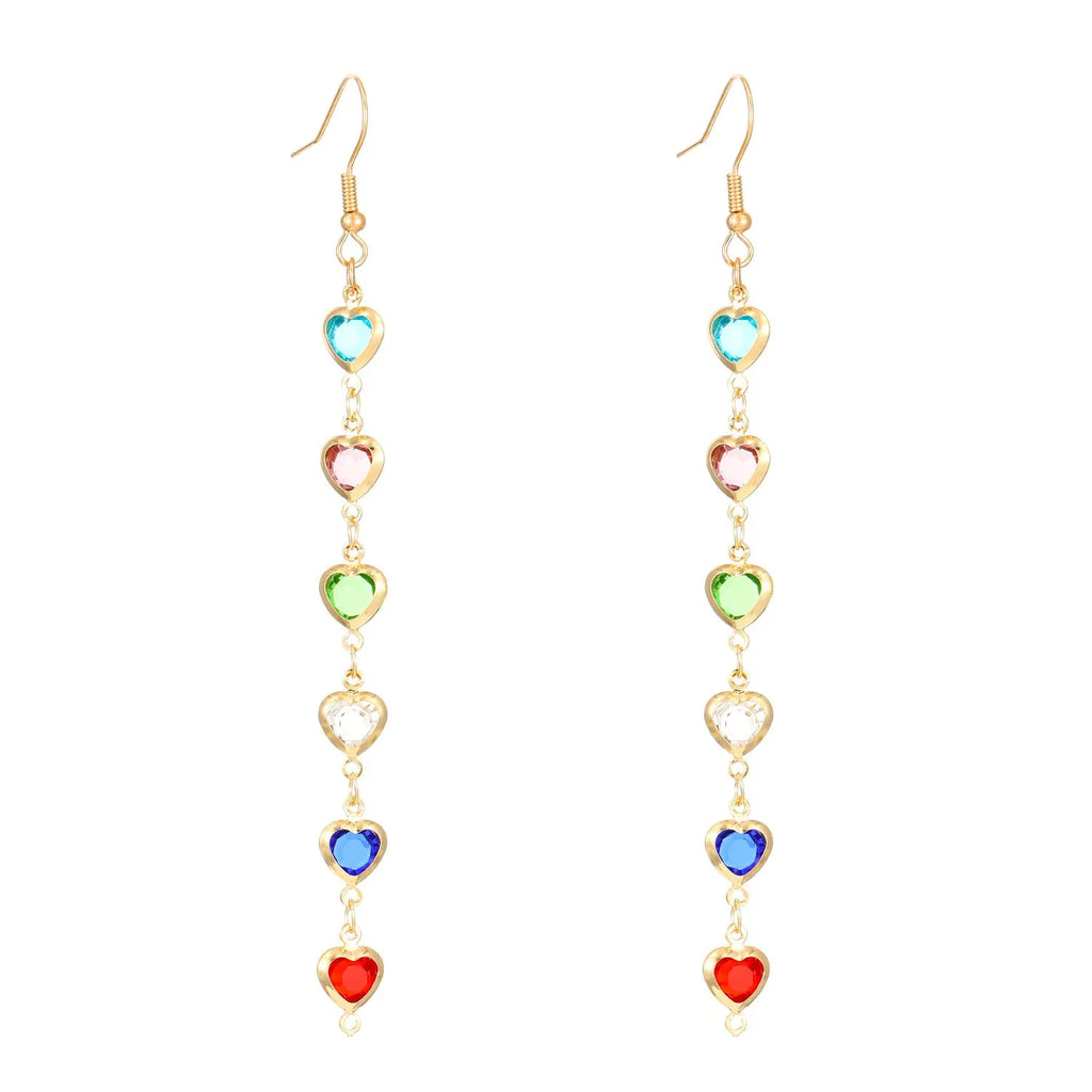 Women's colourful water drop tassel earrings in gold-tone electroplated copper on a plain background