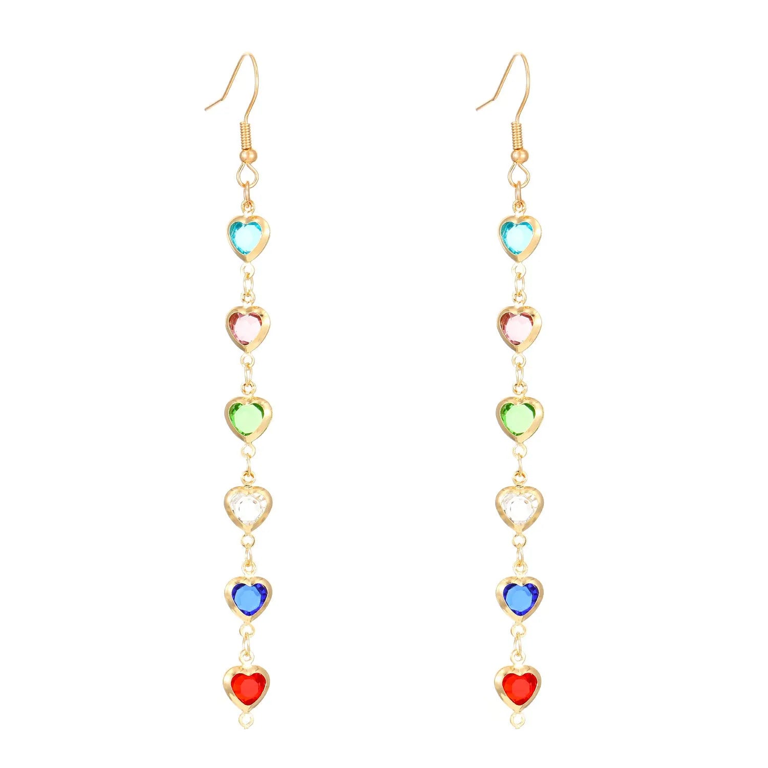 Women's colourful water drop tassel earrings in gold-tone electroplated copper on a plain background