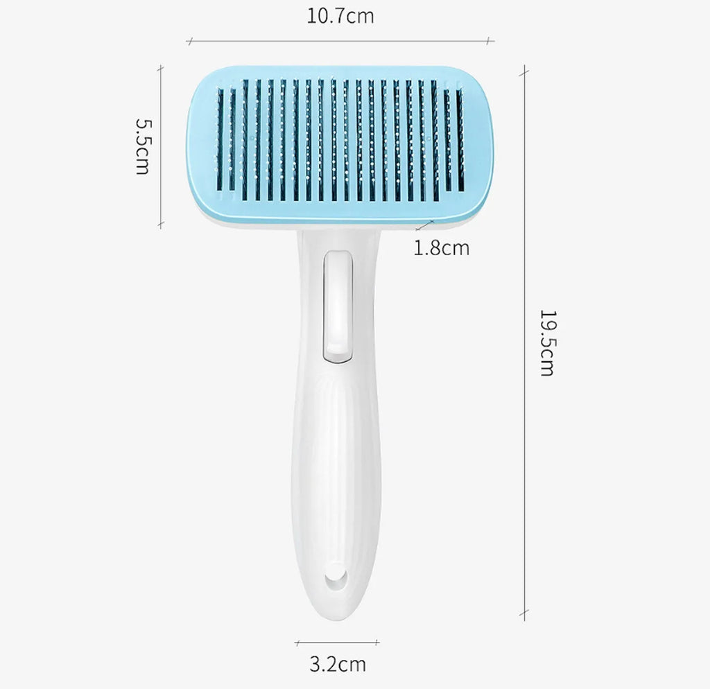 Automatic pet hair removal comb for dogs and cats in blue, showing one-click needle mechanism.