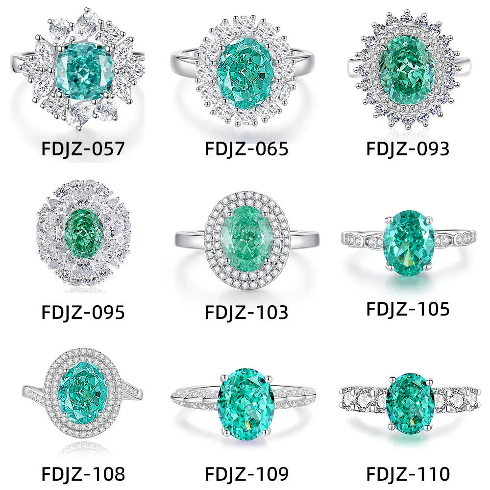 Women's S925 sterling silver geometric ring with oval Palaba emerald and high-carbon diamond accents