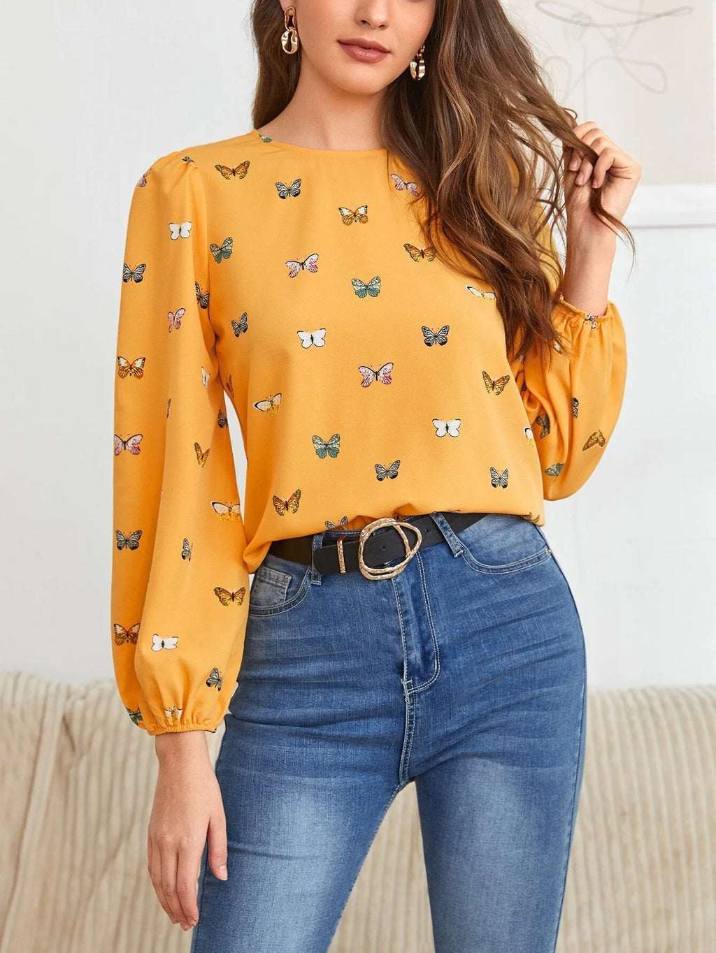 Women's long-sleeved butterfly print shirt in loose fit green or orange