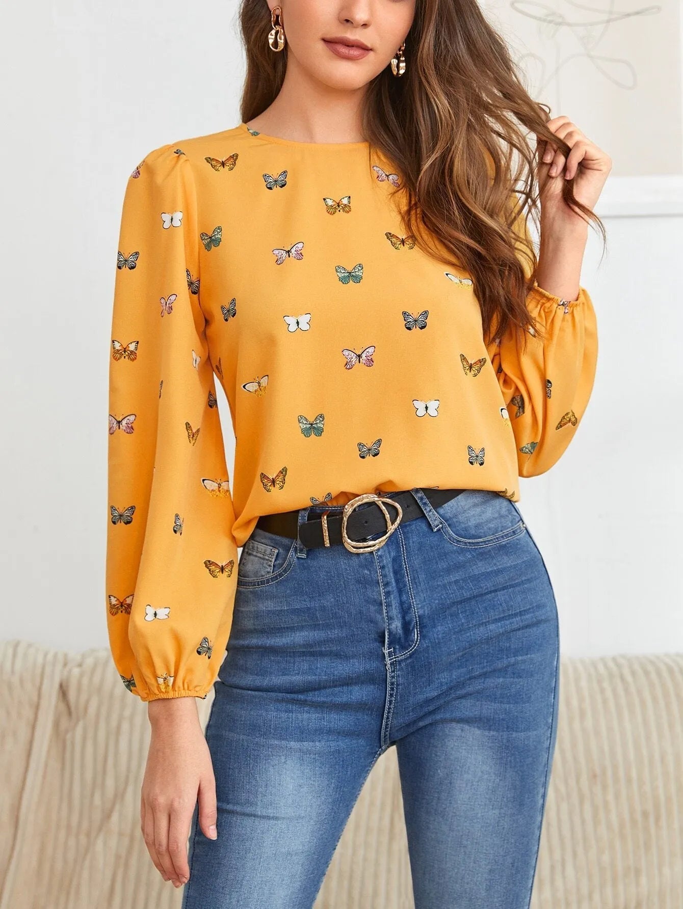 Women's long-sleeved butterfly print shirt in loose fit green or orange