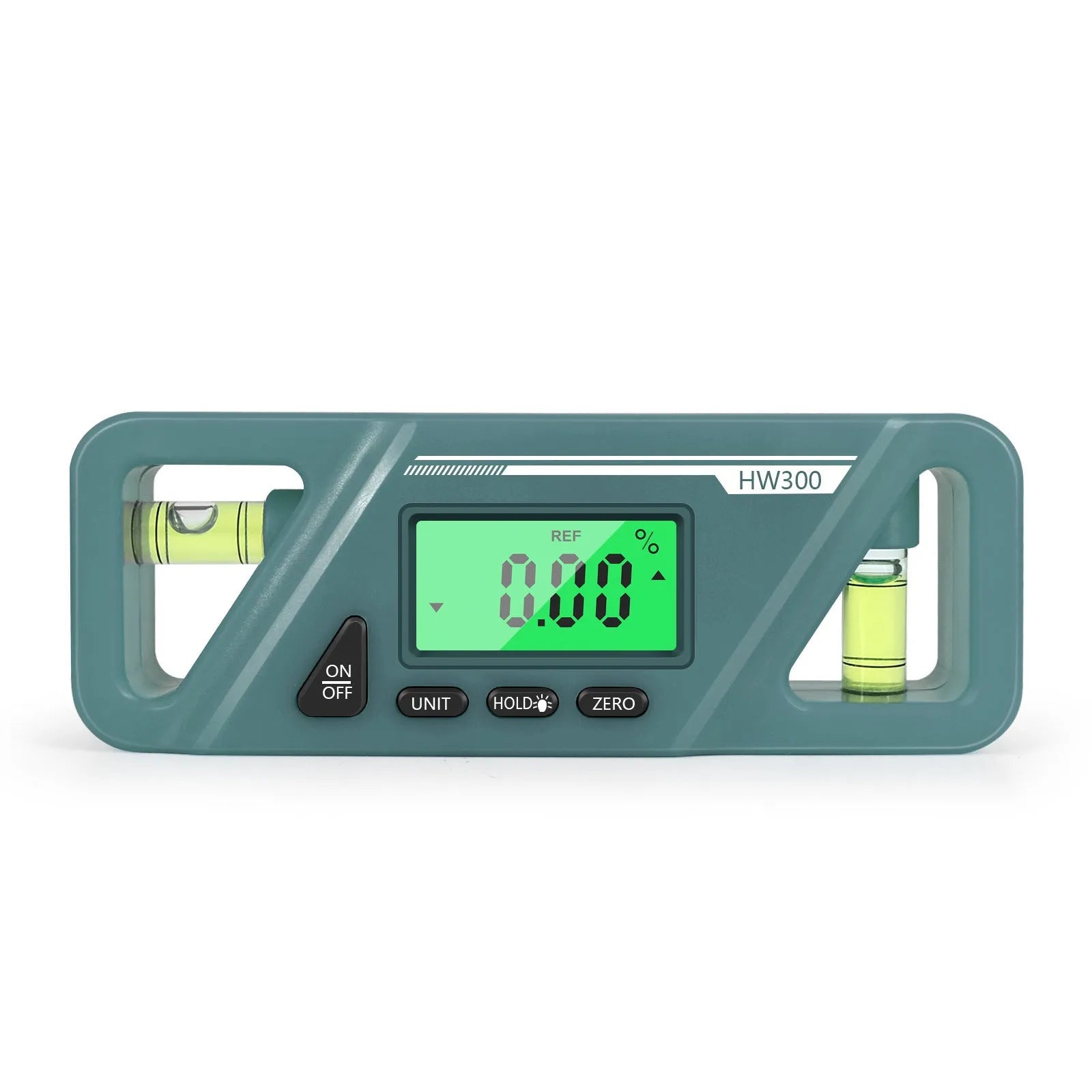 HW300 digital inclinometer with magnetic base and LCD display showing an angle reading.