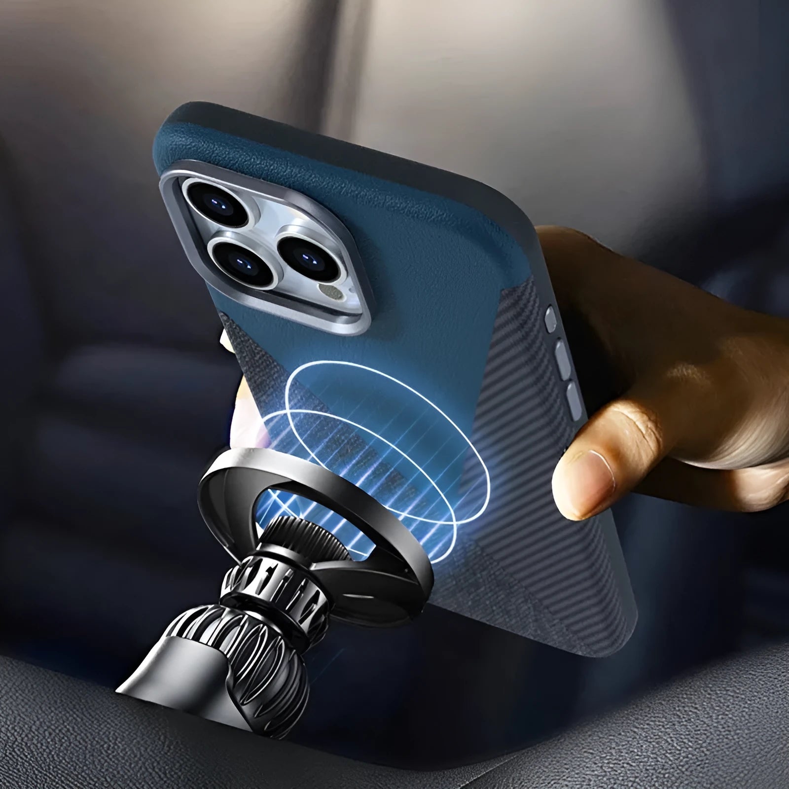 iPhone 15 Pro magnetic phone case with three-combination pigment leather finish in sapphire blue