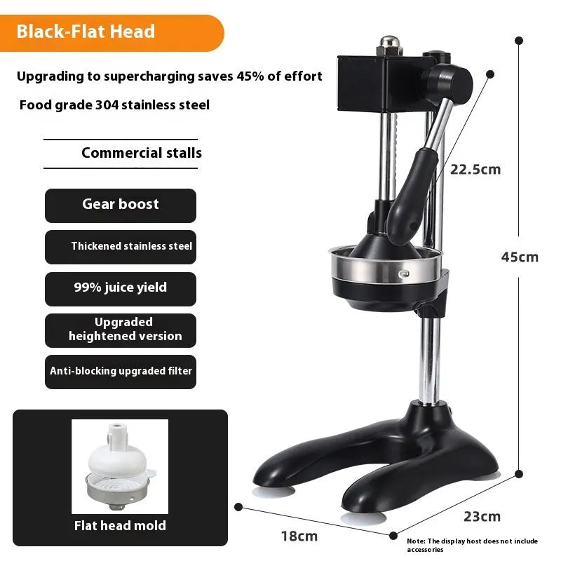 Vertical stainless steel manual citrus juicer in black, silver, white, orange, or electroplated finish with pointed, flat, or double-headed tip.