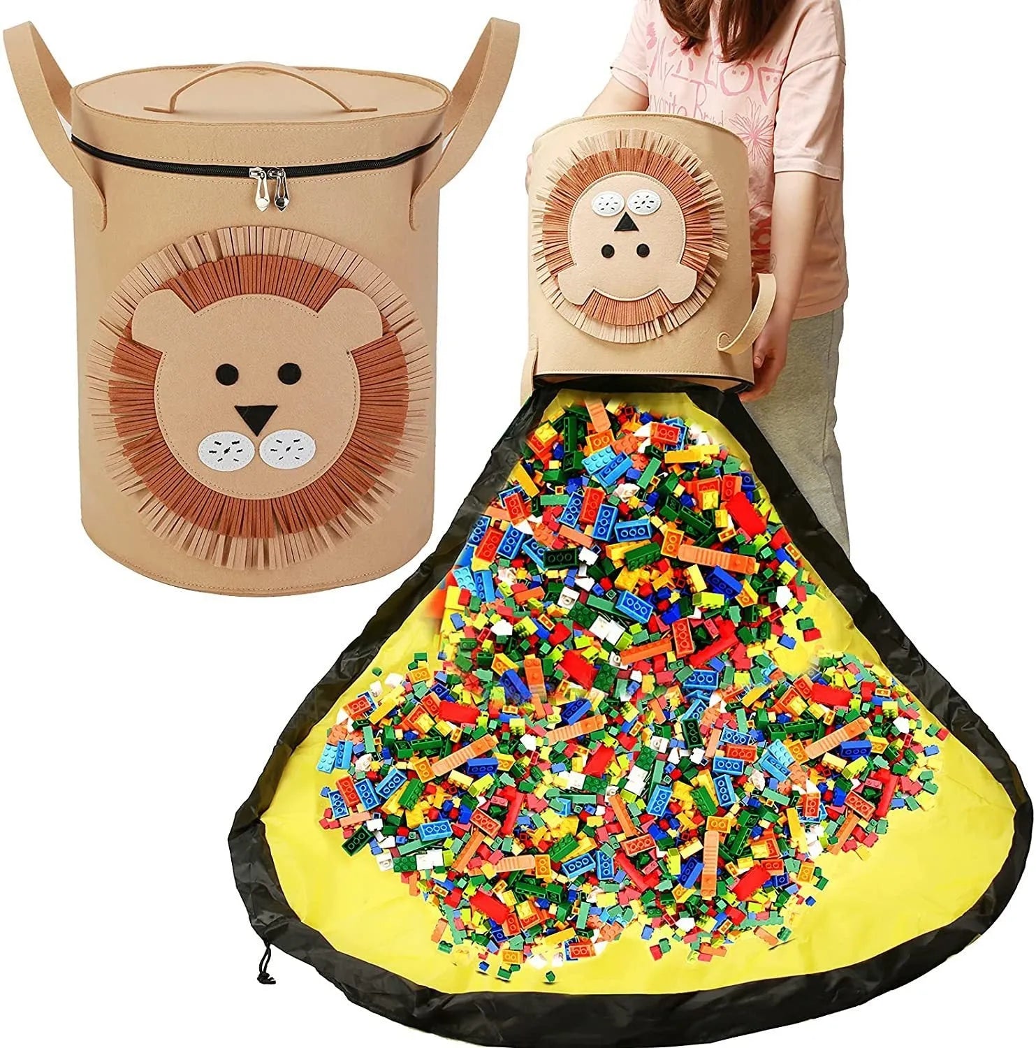 Green felt storage bag shown as both a flat play mat and gathered cube with pull rope closure