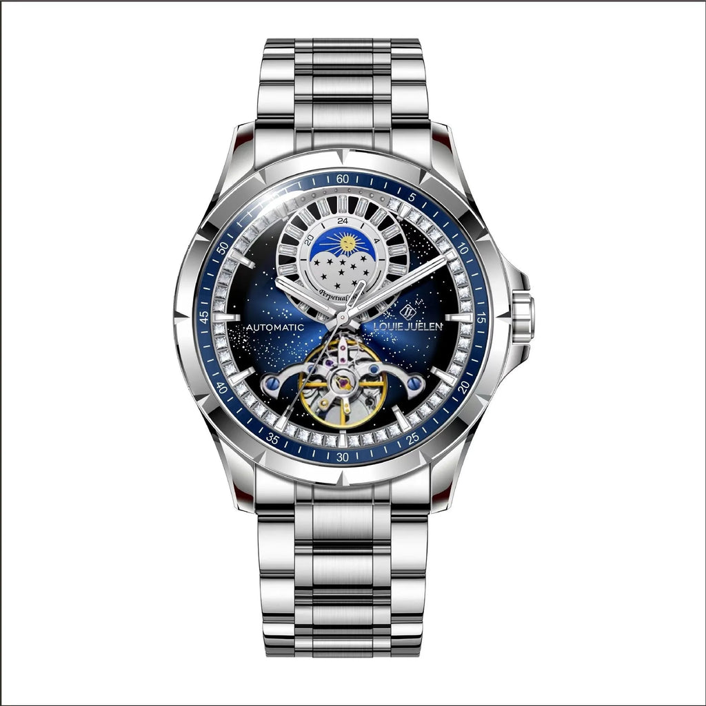 Men's silver alloy automatic watch with blue dial and stainless steel bracelet on wrist.