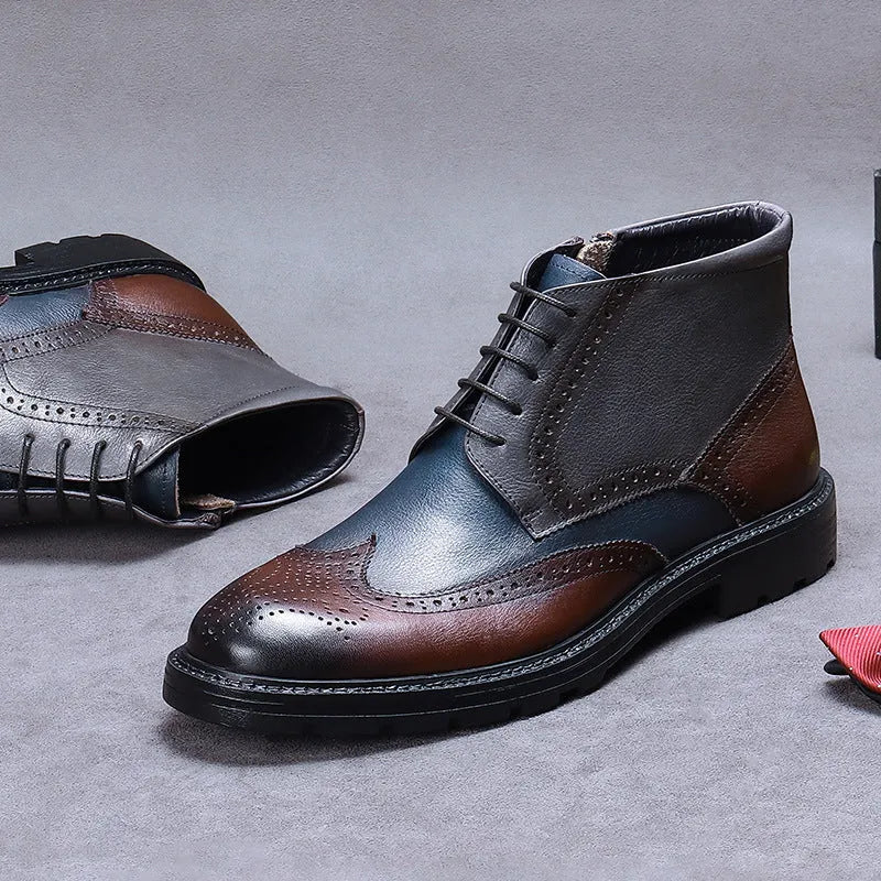 Coffee blue men's leather brogue ankle boots with carved stitching, round toe, and front lacing on a rubber sole.
