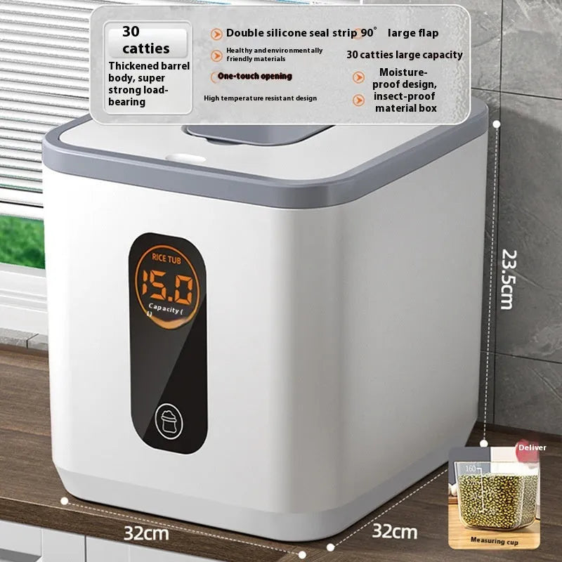 Grey plastic insect-proof and moisture-proof sealed rice storage container with a free measuring cup.