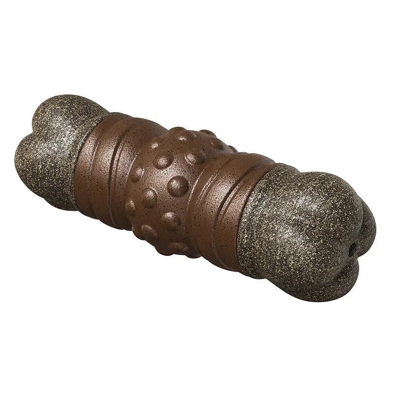 Wood colour plastic bone-shaped dog toy with a textured surface for molar cleaning.