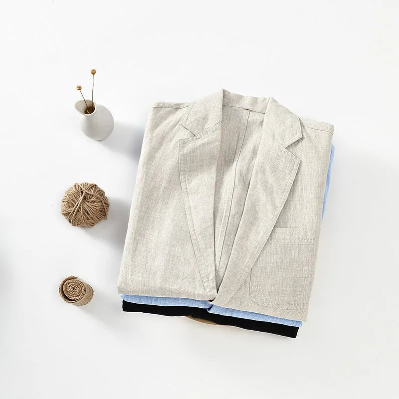 Men's solid colour linen suit coat with stick pocket in light blue