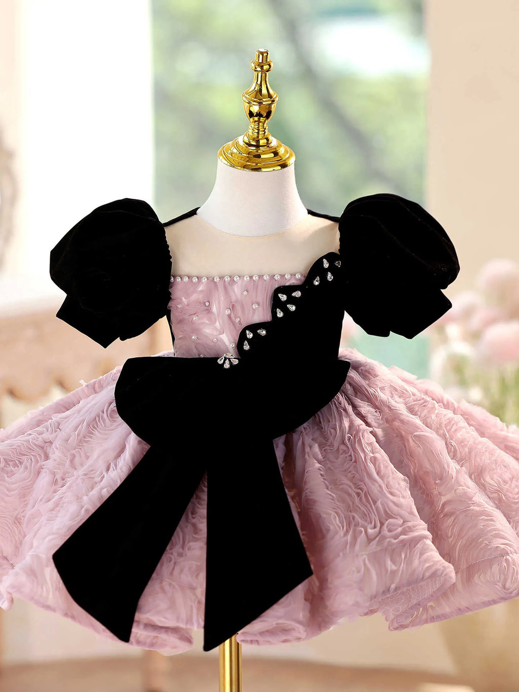 Girls' formal dress in pink purple, slim fit, short sleeves, round neck, for piano performance, height size options 90cm to 160cm