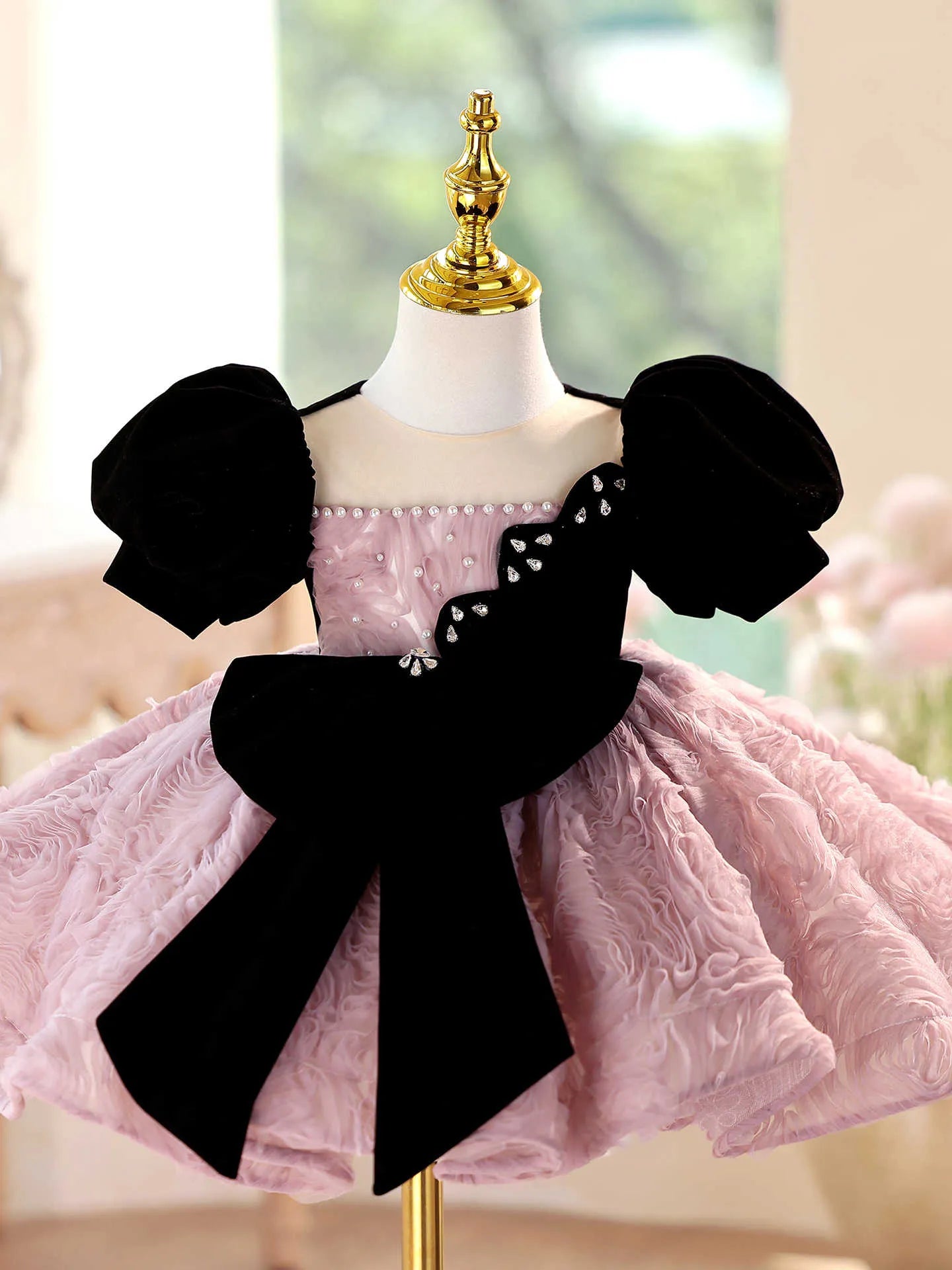 Girls' formal dress in pink purple, slim fit, short sleeves, round neck, for piano performance, height size options 90cm to 160cm