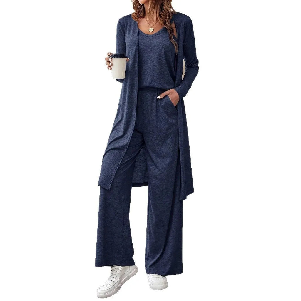 Blue women's three-piece casual suit with long cardigan, sling top and trousers in Japanese Korean style