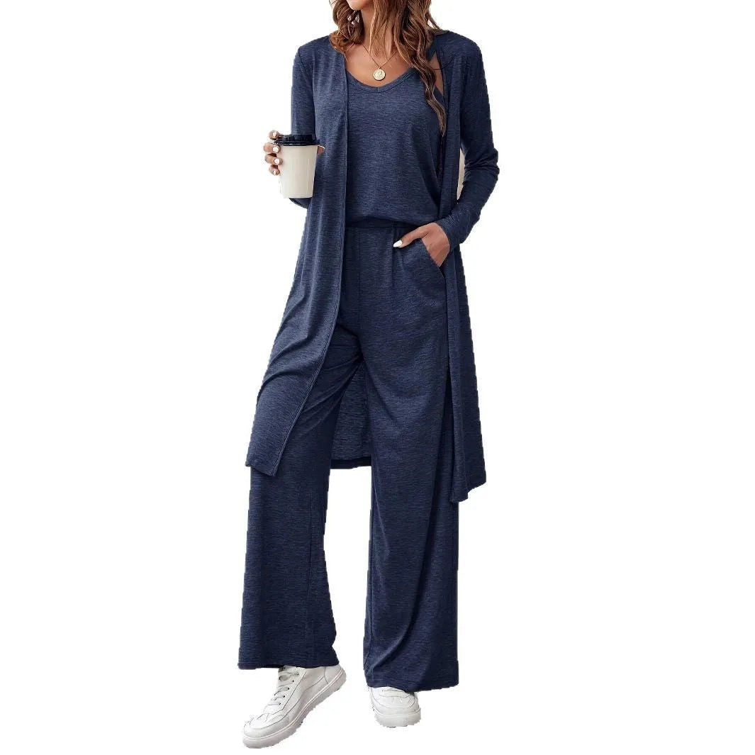 Blue women's three-piece casual suit with long cardigan, sling top and trousers in Japanese Korean style