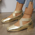 Gold low heel slip-on pump with square toe, shown as a French style evening shoe cover.