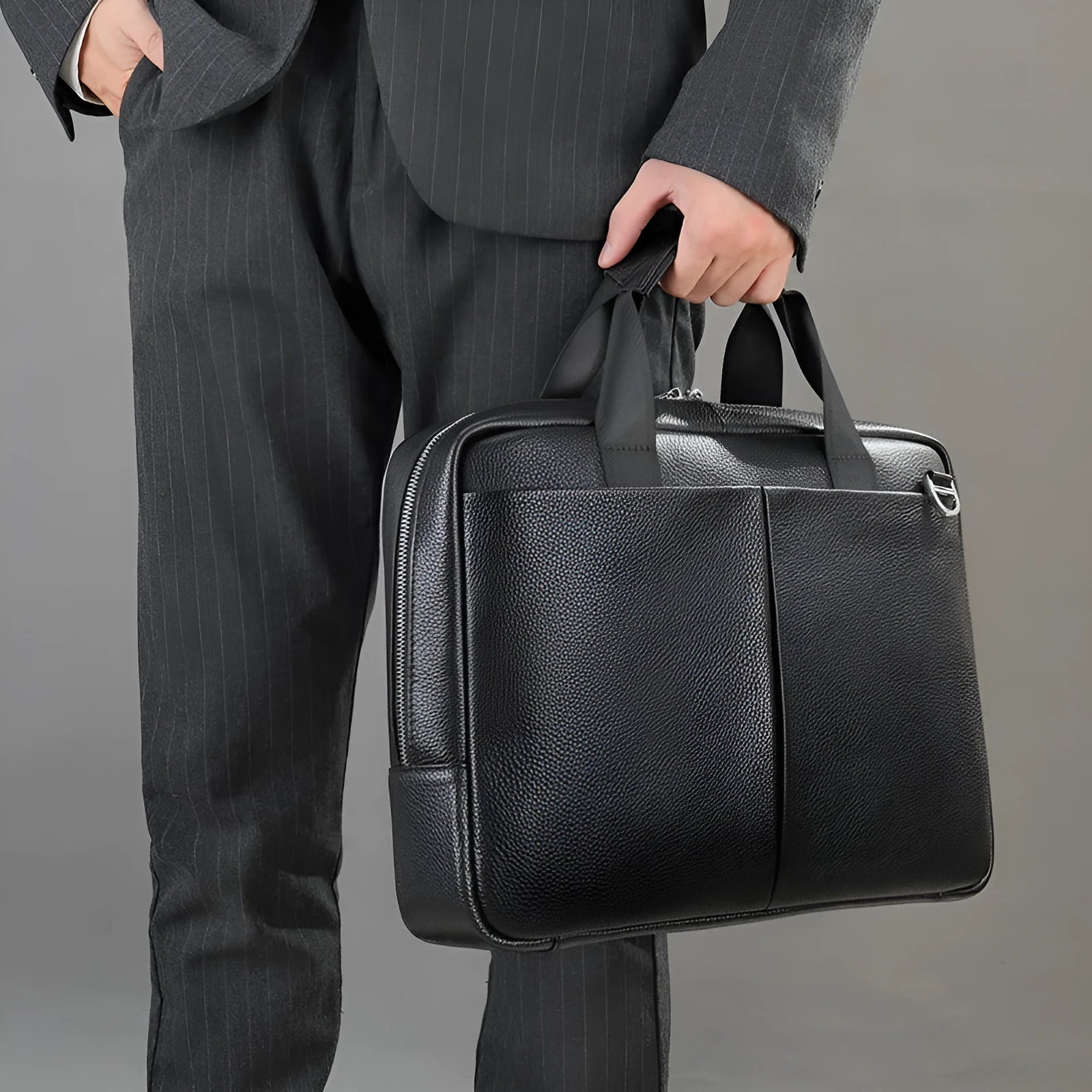 Genuine leather large capacity horizontal briefcase for men in black with sewing line detailing, first layer cowhide
