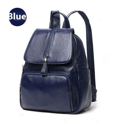 Blue genuine leather street trend women's backpack showing external sandwich pocket and zipper.