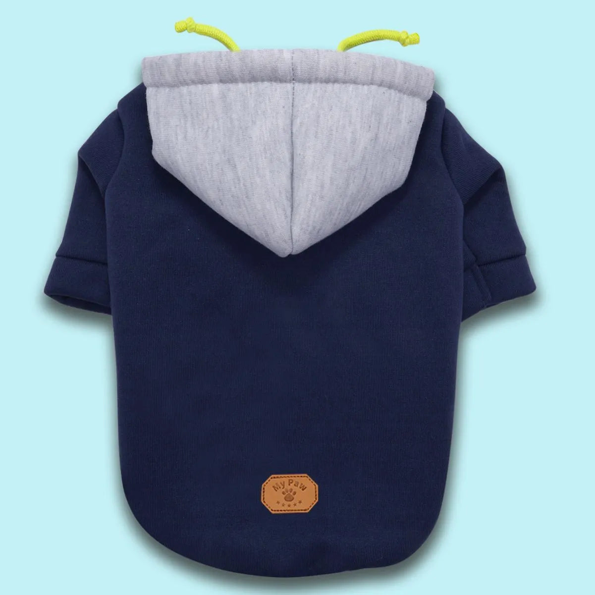 British style pet hoodie with full zip closure in dark red or navy blue with contrast stitching