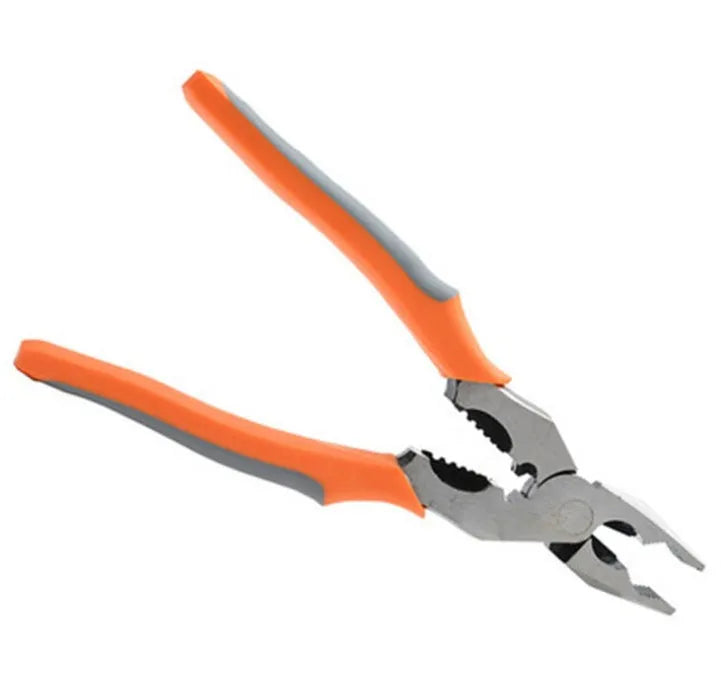 Orange multi-function wire cutter pliers with PVC handles and alloy steel jaws.