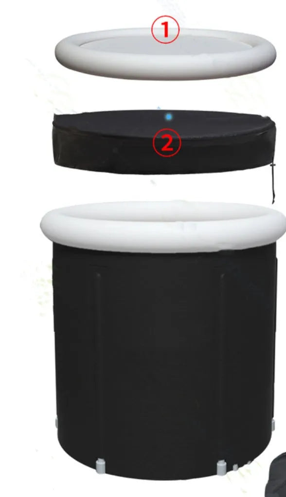 Black portable inflatable ice bath tub with weather lid showing 70x80cm dimensions for cold therapy recovery