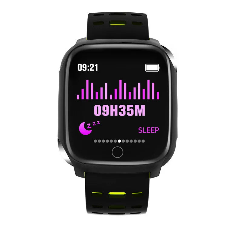 F16 smart watch with ECG monitor on a silicone wristband, showing the 43mm IPS touchscreen display.