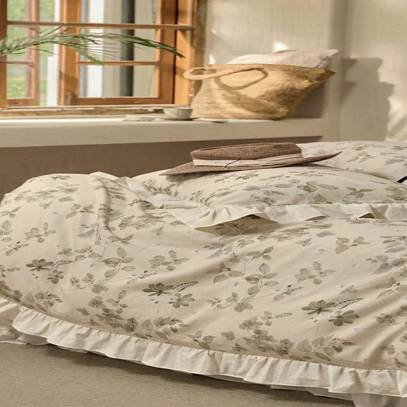 Cotton and linen yarn-dyed four-piece bed set with raw jute colour plants and flowers pattern, includes quilt cover, bed sheet, two pillowcases