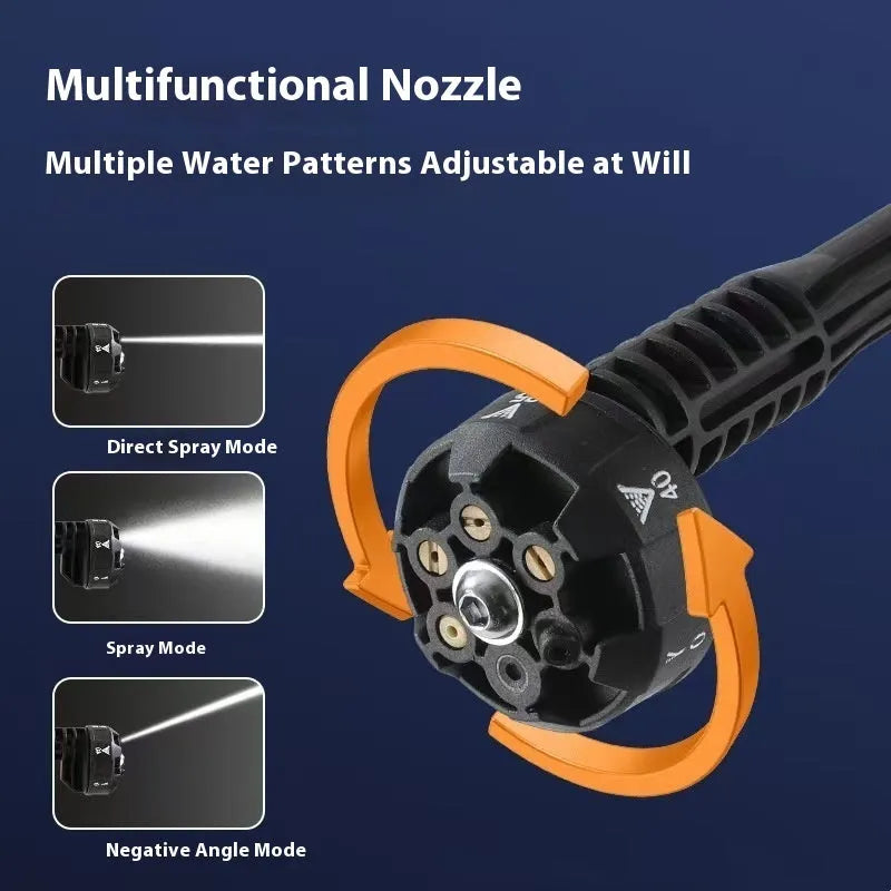 Green wireless high-pressure water gun with metal nozzle and battery pack, shown with foam pot and extension hose accessories.