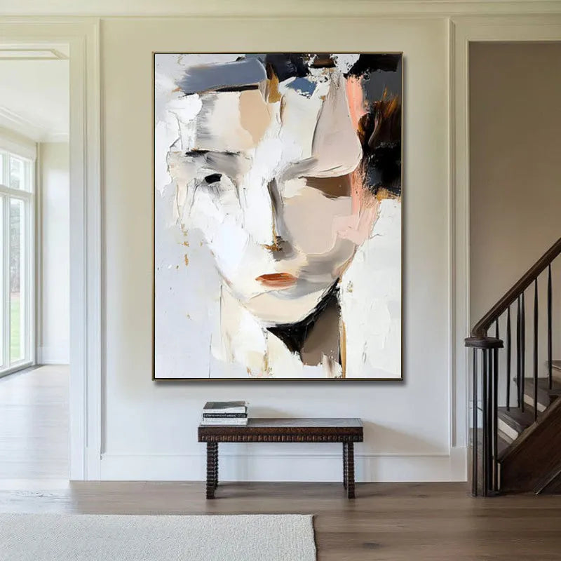 Hand-painted abstract woman portrait oil painting on canvas, modern black and white, vertical orientation