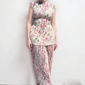 Long sleeve printed chiffon high waist dress shown as a two-piece skirt and top set.