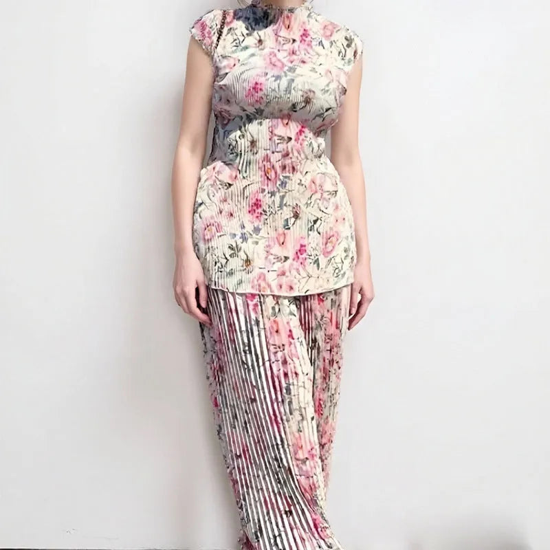 Long sleeve printed chiffon high waist dress shown as a two-piece skirt and top set.