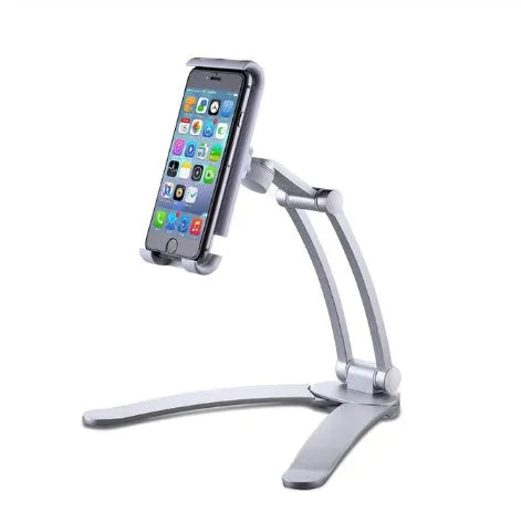 Silver and black aluminium alloy desktop tablet stand with adjustable arm and dual clamps.