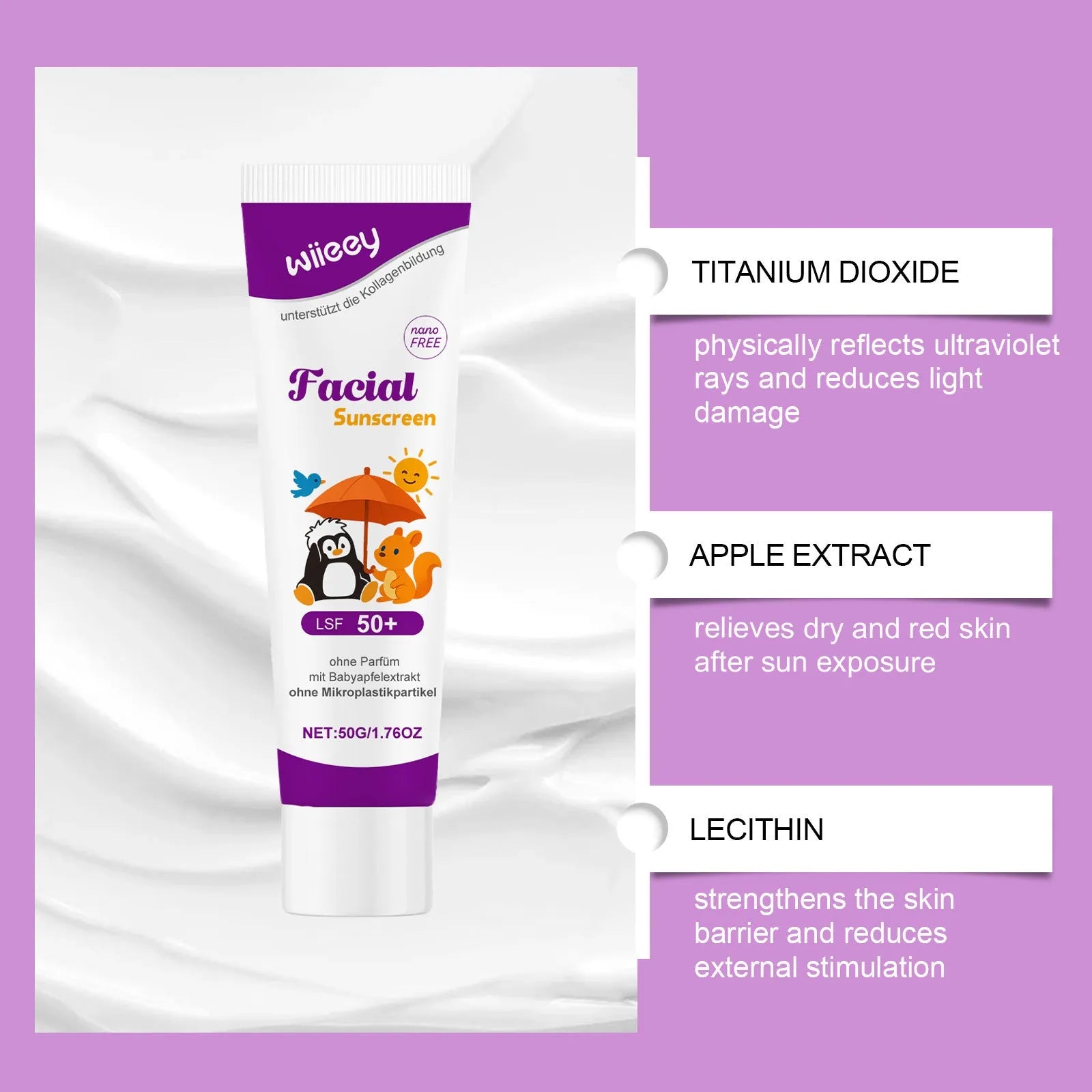 SPF50+ PA++++ sunscreen cream 50g tube with titanium dioxide and apple extract