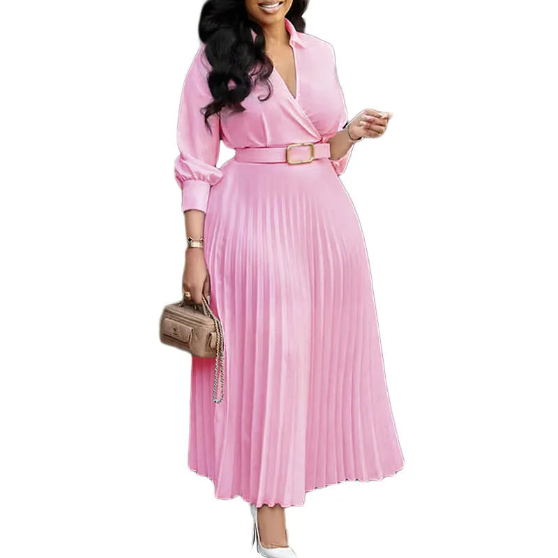 Women's polyester pleated dress with polo collar and 3/4 sleeves in mid-length cut with belt detailing