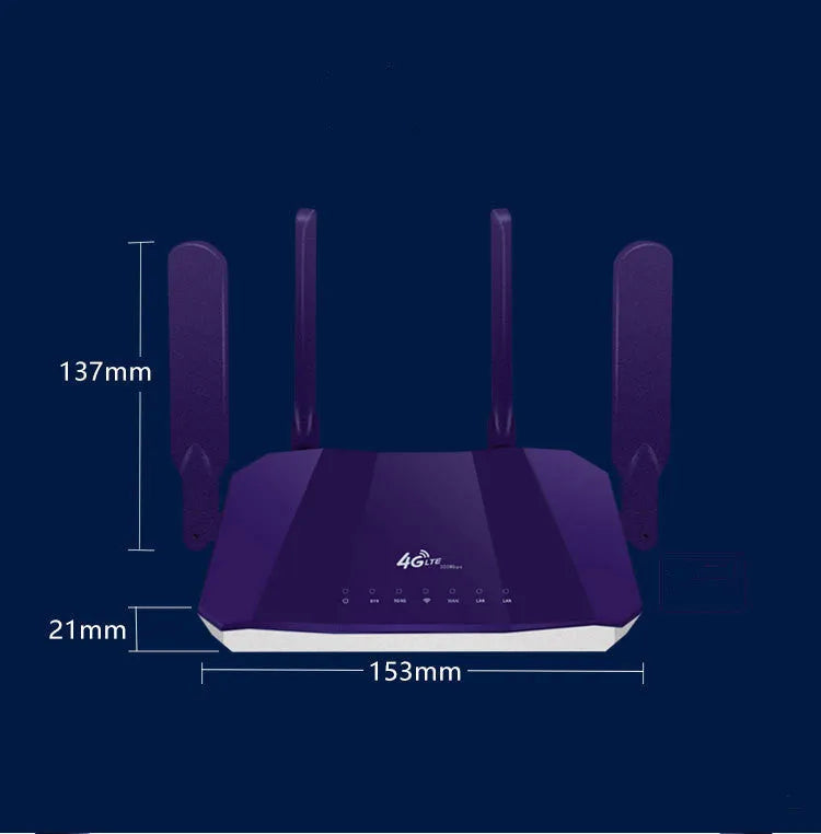 Blue 4G all-netcom dual-mode router with four antennas on a desk.