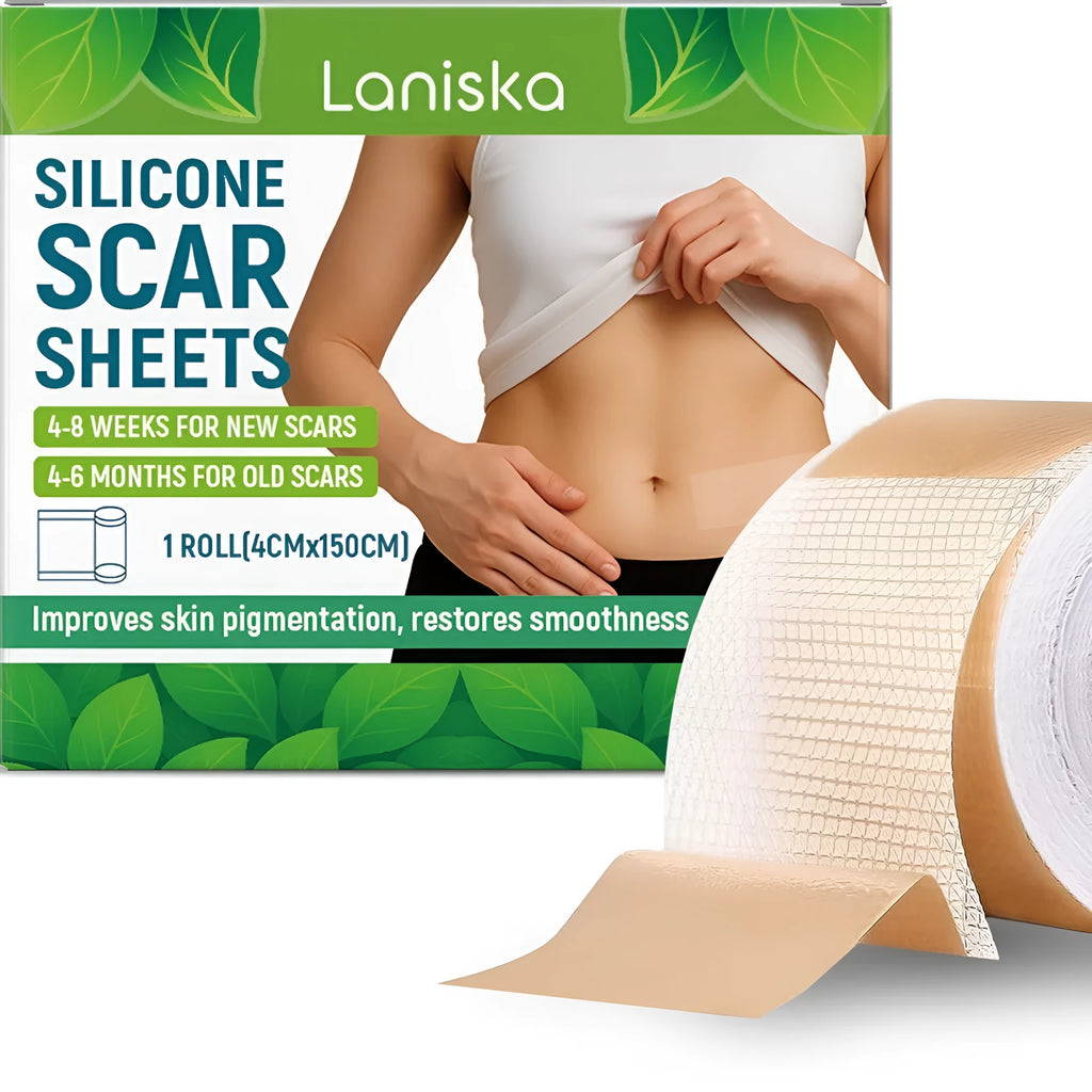 Roll of clear silicone scar sheet measuring 4cm wide, with tea tree oil and aloe extract for scar treatment.