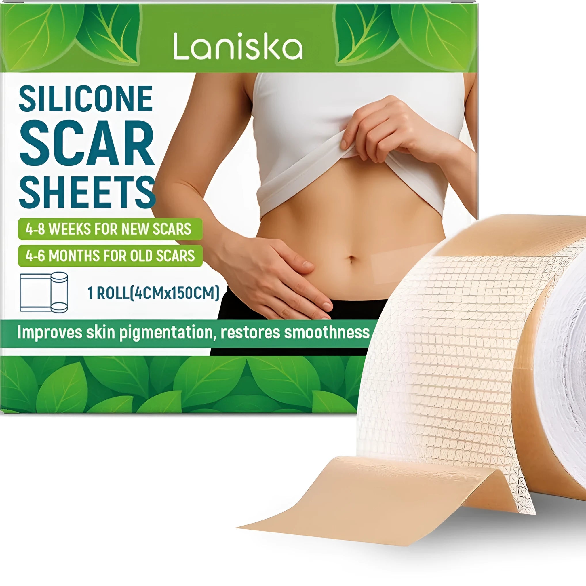 Roll of clear silicone scar sheet measuring 4cm wide, with tea tree oil and aloe extract for scar treatment.
