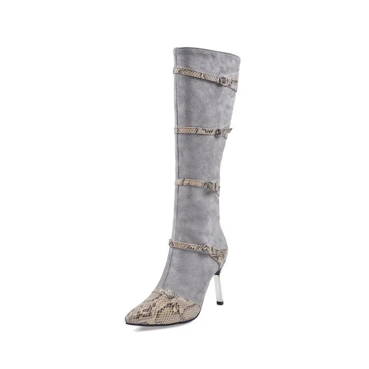Women's grey knee-high high-heel boots with a 9cm heel and velvet lining on a white background.