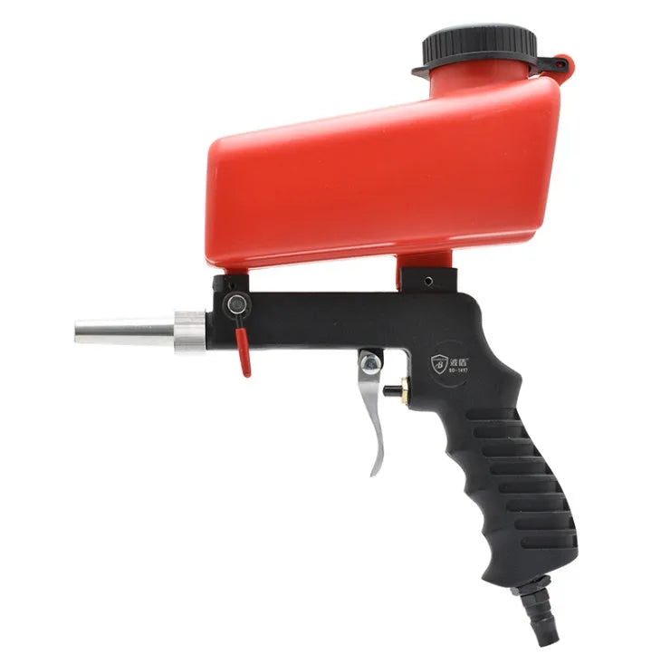 Portable blue pneumatic sandblasting gun with gravity feed tank and nozzle.