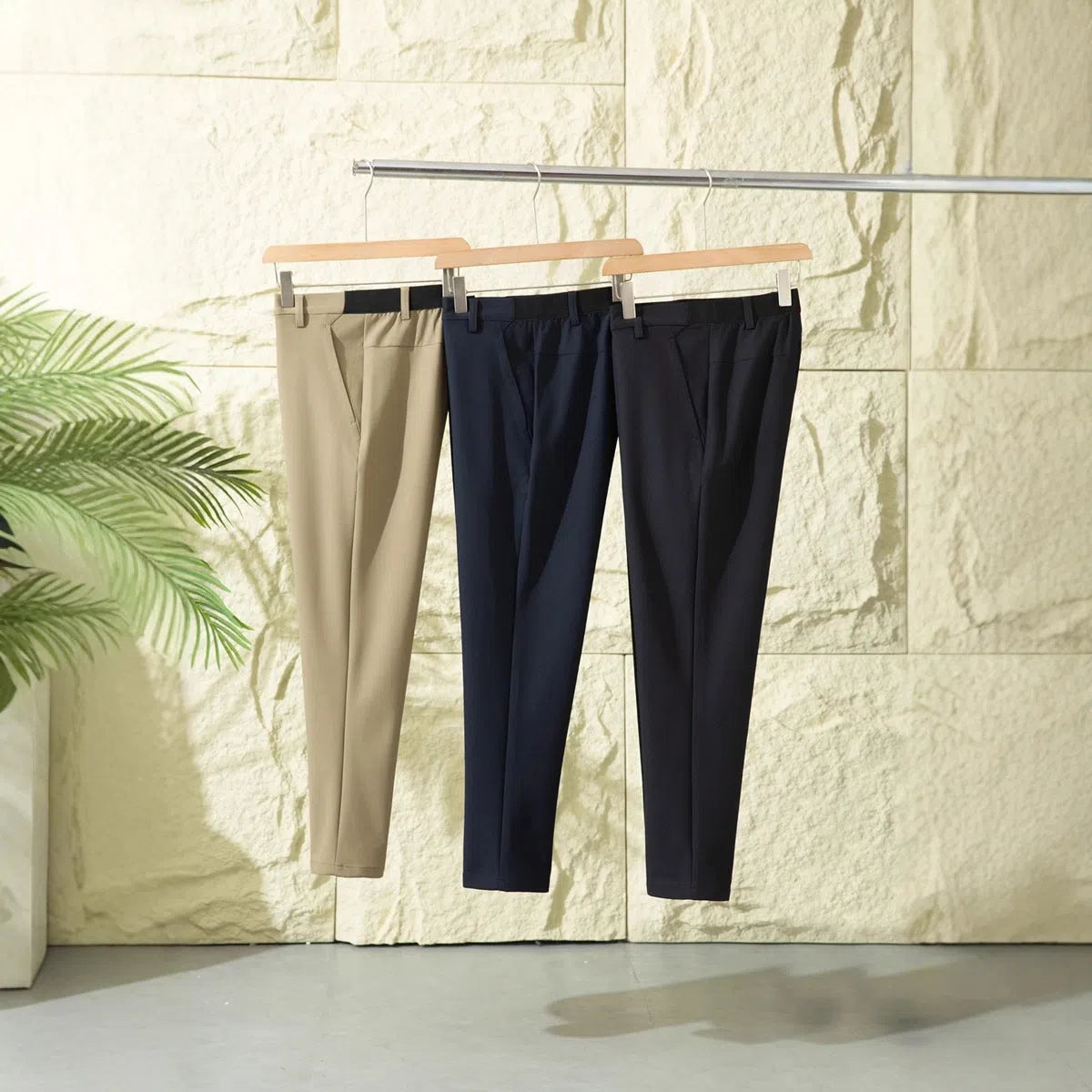 Men's straight leg casual pants in Army Green, slightly elastic, blended nylon fabric, mid-rise waist