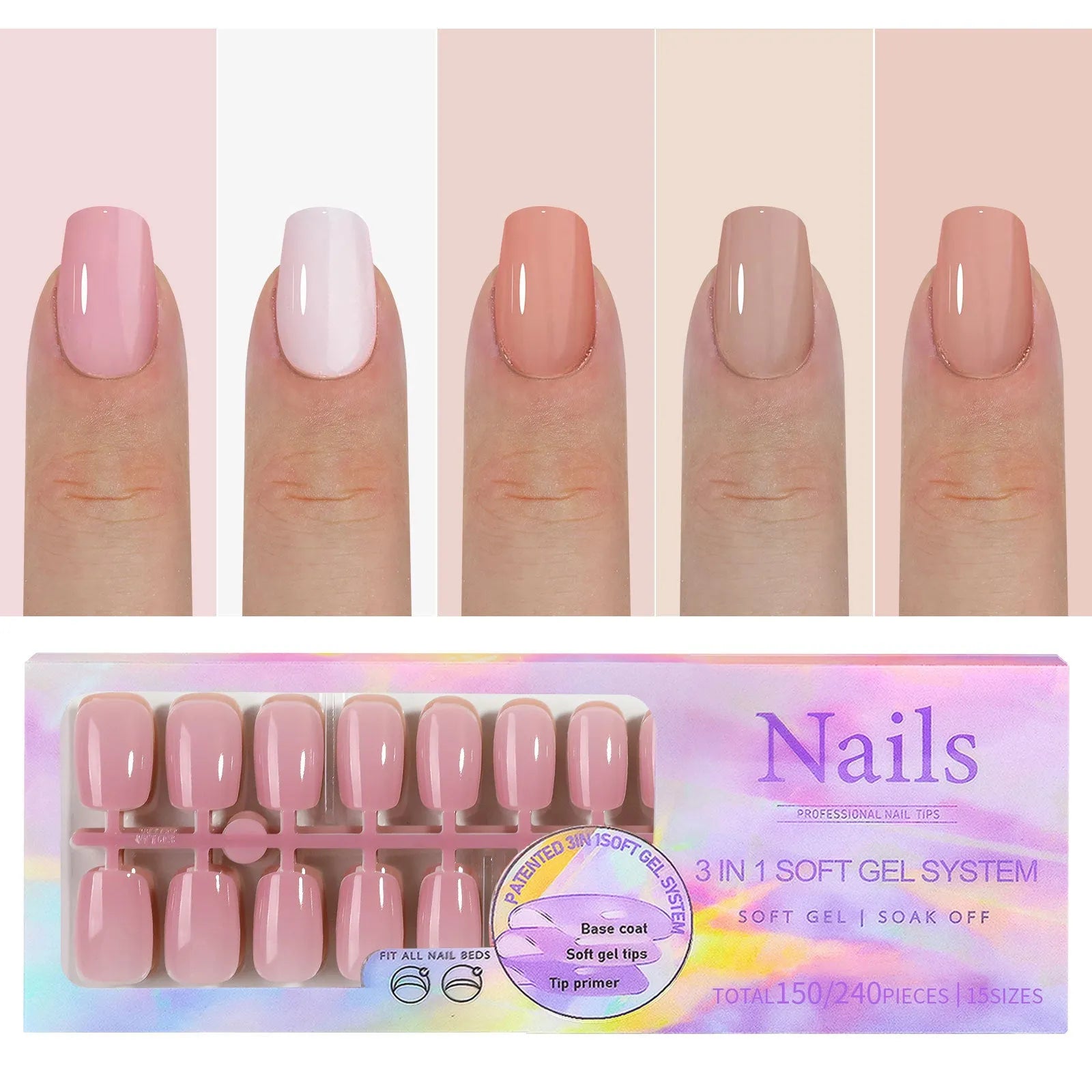 Box of nude seamless removable nail stickers showing eight colour shades for women.