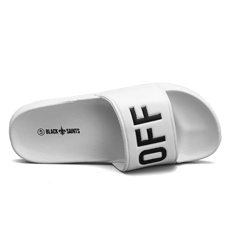 Men's black open-toe personalised slippers with rubber soles showing available size range